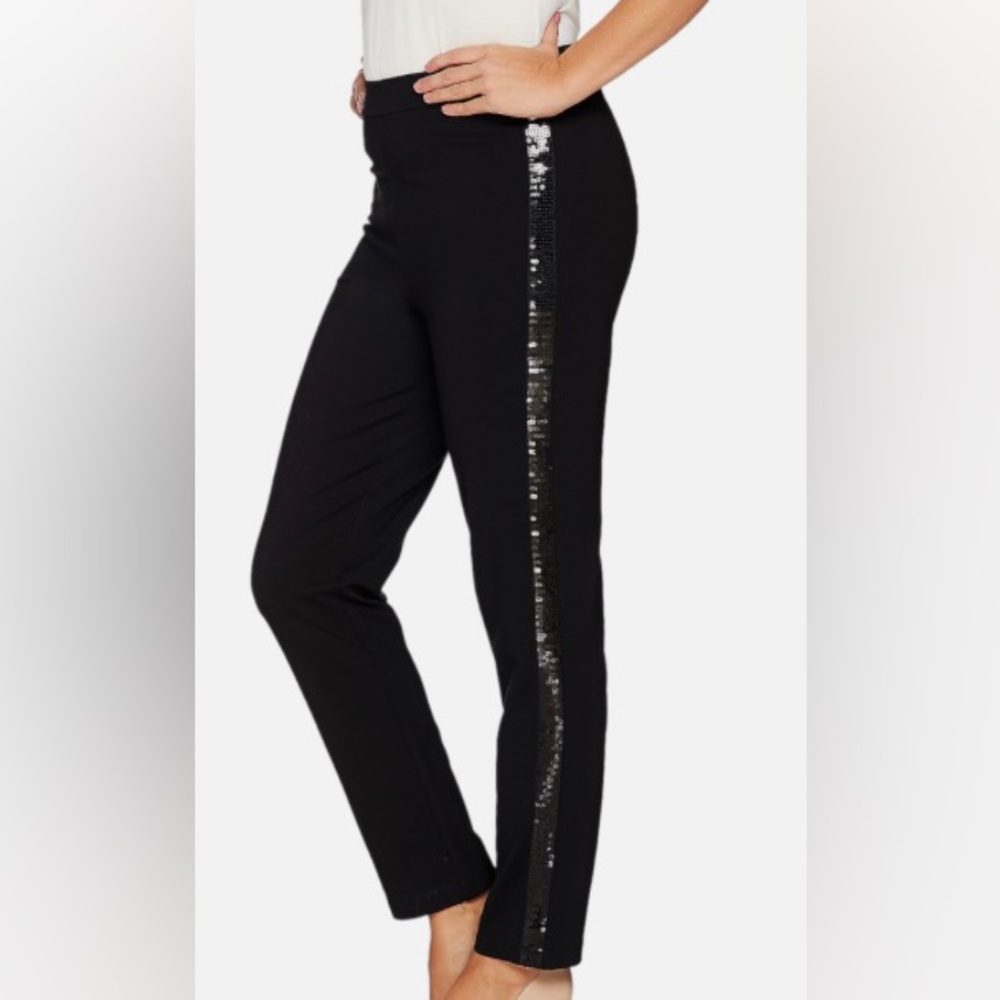 Joan Rivers Knit Black Sequin Trim Pull-On Sparkle Stretch Pants